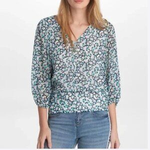 Karl Lagerfeld Women's Floral V-Neck Smocked Waist Blouse - M